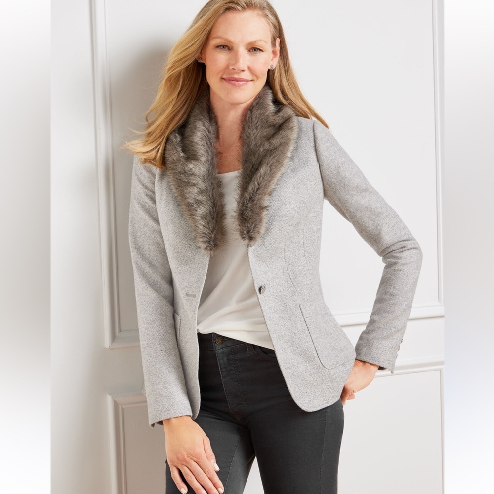 Talbots Women’s Shetland Blazer Jacket Light Gray Removable Faux Fur Trim Sz 12 - Picture 2 of 14